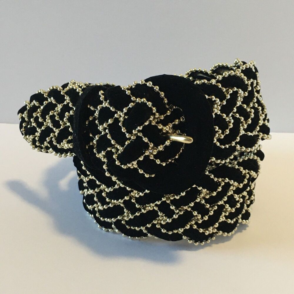 Vintage Amanda Smith Womens Belt Black Felt and Thin Gold Beading Woven Size S/M